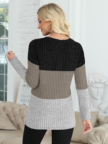 Fall Sweaters for Women Long Sleeve Crewneck Casual Shirts Loose Fit Color Block Tunic Tops(Light Green-White-Olive Green-0,M) in Kuwait