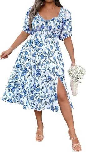 فستان متوسط ​​الطول نسائي من Floerns بمقاس كبير ومطبوع برباط أمامي وفتحة رقبة مربعة in Kuwait