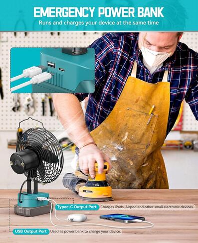 Ecarke Portable Cordless Fan لـ Makita 18V ، مروحة بطارية مدفوعة الأمواج 6 بوصة ، ومراوح عمل مع شحن USB A+C للتخييم ، وورشة العمل ، وموقع البناء ، ومراوح التهوية المنزلية (بدون بطارية) in Kuwait