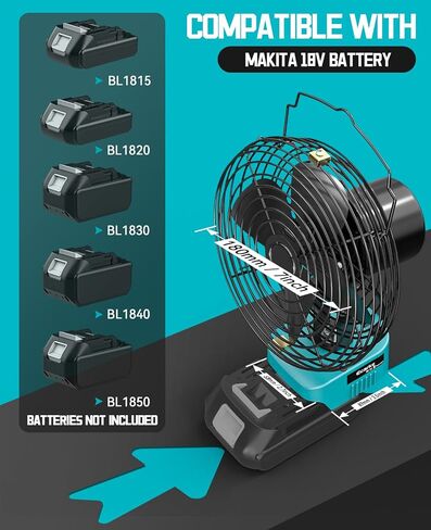 Ecarke Portable Cordless Fan لـ Makita 18V ، مروحة بطارية مدفوعة الأمواج 6 بوصة ، ومراوح عمل مع شحن USB A+C للتخييم ، وورشة العمل ، وموقع البناء ، ومراوح التهوية المنزلية (بدون بطارية) in Kuwait