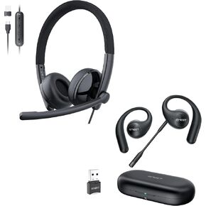 EMEET HS50 Wired Headset with Mic and in-line Control, Airflow Open Ear Headphones, Bluetooth 5.3 Wireless Headsets with Detachable Microphone