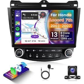 4G 8 Core 8+128G Car Radio for Honda Accord 7th 2003-2007 Android with Wireless Carplay Android Auto, 10.1 Inch QLED Touch Screen Car Stereo WiFi, GPS, Bluetooth 5.0, FM/AM, SWC, Backup Camera