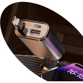 Retractable Car Charger, 80W Max Ultra-Compact Type-C Fast Car Charger with Built-in USB-C Retractable Cable, Car Adapter for iPhone 16/15 Series, iPad, Galaxy, AirPods, and More