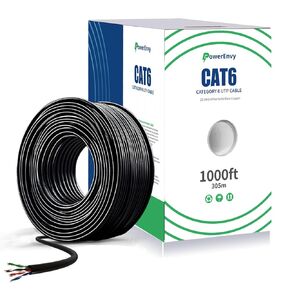 Cat6 Plenum Ethernet UTP Cable (CMT) - 550Mhz, 10Gbps Max, 1000ft - Outdoor Rated, 23 AWG, UTP 4 Twisted Pair Solid Bare Copper, CMR Rated Cable, Tangle-Free Pull Box - Black