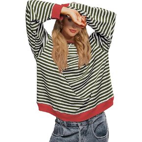 LOZ Women Striped Oversized Sweatshirt 2024 Fall Outfits Long Sleeve Crewneck Hoodies Shirts Pullover Top Trendy Clothes