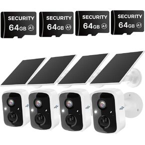 Hiseeu 4pcs Solar Powered Security Cameras+4pcs 64G SD Cards