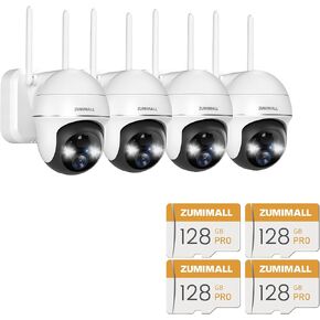 ZUMIMALL Security Cameras Wireless Outdoor WiFi with 360° PTZ, 2K Battery Cameras for Home Security, 128GB SD Card for Outdoor Security Cameras - 4-Pack