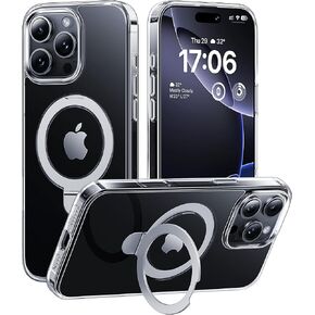 حالة مغناطيسية قوية لـ iPhone 16 Pro [مقاومة الصفراء] [لشحن Magsafe] الحماية الثقيلة ، وغطاء مصدٍ ضئيل ، مع Kickstand ، Crystal Clear