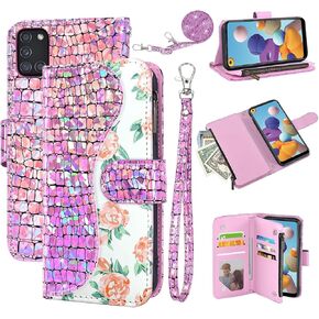 Floral Wallet Case for Samsung Galaxy A21S with Wrist Strap Shoulder Strap Flip Zipper Purse Card Holder,Luxury PU Leather Stand Sparkly Glitter Bling Cell Phone Cover for A 21S Pink