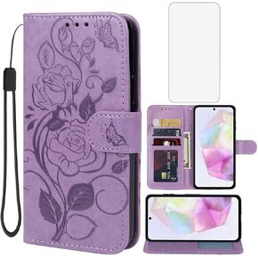 حالة Galaxy A35 5G Case ، Samsung A35 Wallet Case مع واقي شاشة زجاجي مقسى ، حامل بطاقة الائتمان من جلود زهرة Flower Flip Stand Cover Cover for Samsung Galaxy A35 5G Brown