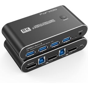 8K KVM Switch DisplayPort 144Hz 240Hz - Dual Monitor Switcher for 2 PC 1 Keyboard, 4K@60Hz with Thunderbolt 4 Support for GamingAudio & 4 Port USB 3.0 Hub