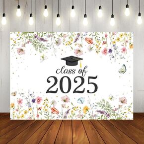 Lofaris Wildflower Class of 2025 Backdrop Watercolor Floral Butterfly Congrats Grad Background Graduation Prom Party Supplies Decor Photo Booth Props 7x5ft
