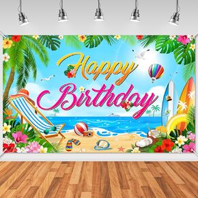 Avezano Summer Beach Birthday Party Decorations Summer Birthday Party Banner 6 x 3.6 ft Tropical Theme Happy Bday Backdrop for Women Girls Adults