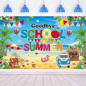 Goodbye School Hello Summer Backdrop 72 x 44 Inch Large End of School Year Background Banner for Hawaiian Pool Beach Party Decorations