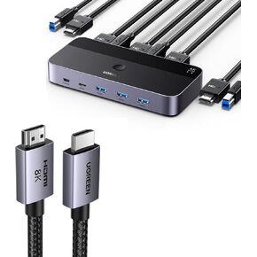 UGREEN USB 3.0 HDMI KVM Switch with 4 USB 3.0 Ports (3 USB-A+1 USB-C) 4K@60Hz Bundle with 8K HDMI 2.1 Cable 48Gbps 6.6FT, Certified Ultra High Speed Cord Aluminum, 4K@240Hz 120Hz 8K@60Hz