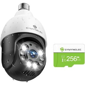 SYMYNELEC Light Bulb Security Camera Outdoor Waterproof 2.5K with 256GB TF Card, 2.4GHz Wireless WiFi Light Socket Cam with AI Human Motion Detection Tracking 4MP Color Night Vision Siren Alarm Alexa