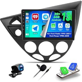 CAMECHO 2+64G Android 13 Car Radio for Ford Fiesta 1995-2001/Ford Focus 1998-2005, Wireless Carplay/Android Auto 9" IPS Touch Screen Car Stereo with Bluetooth/GPS/FM RDS EQ+AHD Backup Camera+MIC