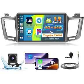 Car Stereo Radio for Toyota RAV4 2013-2018 with Wireless Carplay Android Auto, 4+64G 10.1 inch HD IPS Thouch Screen Bluetooth Radio with Bluetooth5.0 FM RDS 32EQ 1280 * 720 Resolution