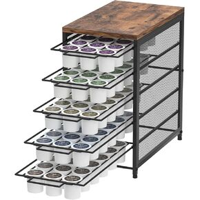 Coffee Pod Drawer for K Cups 90 Pod Pack Capacity Rack K Cups Holder Drawer Organizer for Coffee Station 5 Tier K Cups Coffee Pods Holder Suit for Home Office Cafe Counter, Black and Brown
