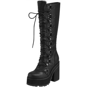 AMINUGAL Womens Plaform Knee High Boots Chunky Heel Round Toe Zipper Block Heel Fashion Motorcycle Punk Gorh Boots Work Combat Boots For Women