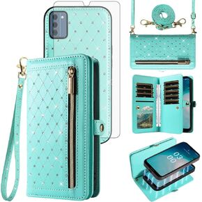 Asuwish Phone Case for Nokia C300 Zipper Wallet Detachable Magnetic Cell Cover with Tempered Glass Screen Protector Crossbody Strap Bling Flip Credit Card Holder C 300 300C TA-1515 2023 Women Teal