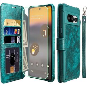 VANAVAGY Wallet Case Compatible for Google Pixel 7 Pro for Women Men,RFID Flip Leather Cover with Wrist Supports Wireless Charging with Card Holder Glass Screen Protector,Purple