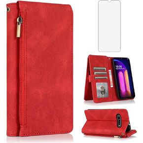 Asuwish Compatible with LG V60 ThinQ V60ThinQ 5G G9 Thin Q Wallet Case Screen Protector Zipper Retro Leather Flip Cover Card Holder Stand Cell Accessories for LGV60 V 60 60ThinQ 60V Women Men Brown