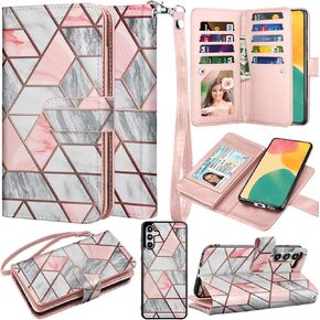 Takfox for Samsung Galaxy S23 FE 5G Wallet Case, Galaxy S23 FE 5G Case Wallet, PU Leather Credit Card Holder [9 Card Slots] Folio Flip Detachable Magnetic Cover Kickstand & Carrying Strap-Rose Gold
