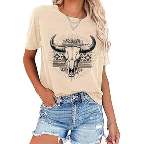 Retro Steer Skull Western T-Shirt Women Vintage Country Music Shirt Cute Cowgirl Graphic Cowboy Tees Tops in Saudi Arabia