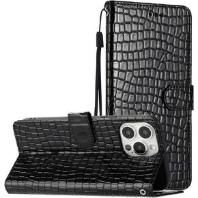 Leather Wallet Case Compatible for iPhone 12 Pro Max | Classic Crocodile Print Wrist Strap Flip Case | Ultra Slim Card Slots Stand Function Shockproof Phone Cover | Rose Red