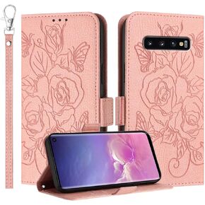 JanCalm for Samsung Galaxy S10 Case Wallet, RFID Blocking, Card Cash Slots, Wrist Strap, Floral Butterfly Cute Pattern, Leather Protective Stand Flip Cases Cover (Black)