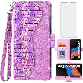 Asuwish Phone Case for Samsung Galaxy XCover 6 Pro/X Cover Pro 2 Wallet Cover with Screen Protector and Wrist Strap Flip Credit Card Holder Bling Glitter Cell XCover6 6Pro 2022 Women Girls Pink