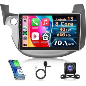 8 Core 4G+64G Car Radio for Honda Fit 2008-2013, Rimoody 10.1 Inch Android 13 Car Stereo Carplay Android Auto GPS Navigation WiFi Touch Screen Mirror Link Bluetooth FM/RDS SWC Backup Camera