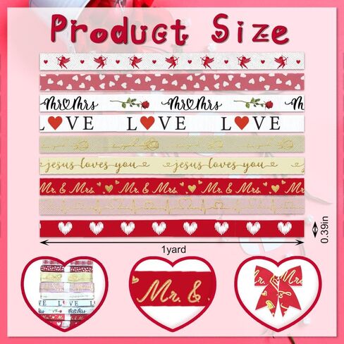 9 Pieces Valentine's Day Decor Ribbons 3/8" Valentines Grosgrain Kiss Pink Strips Ribbon 3 Yards, Red Heart I Love You Words Craft Ribbon for Valentines Day Party Holiday Gift Packaging DIY Supplies in Saudi Arabia
