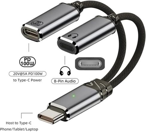 xiwai USB-C Type-C Male to 8P Female Audio Adapter DAC AUX Music 16bit 48kHz & 100W PD Power Charging Cable for Laptop Tablet Phone More Type C Devices in Saudi Arabia