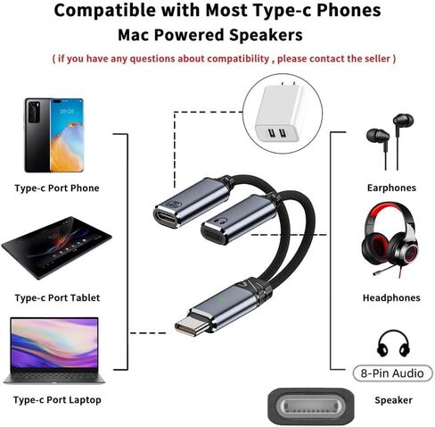xiwai USB-C Type-C Male to 8P Female Audio Adapter DAC AUX Music 16bit 48kHz & 100W PD Power Charging Cable for Laptop Tablet Phone More Type C Devices in Saudi Arabia