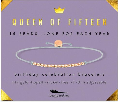 هدايا Lucky Feather Quinceanera للفتيات بعمر 15 عامًا؛ سوار عيد الميلاد الخامس عشر مع 15 خرزة مغموسة بالذهب عيار 14 قيراط بمناسبة كل عام على سلك قابل للتعديل in Kuwait