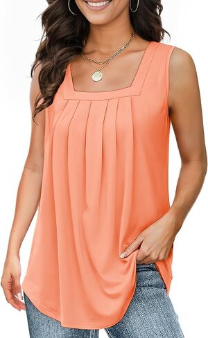 Summer Tank Tops for Women Loose Fit Pleated Square Neck Sleeveless Tops Flowy Blouse Short Sleeve Tops Basic Shirts Blue 2XL in Kuwait