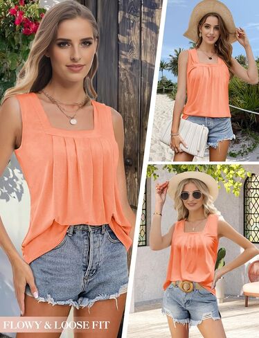 Summer Tank Tops for Women Loose Fit Pleated Square Neck Sleeveless Tops Flowy Blouse Short Sleeve Tops Basic Shirts Blue 2XL in Kuwait