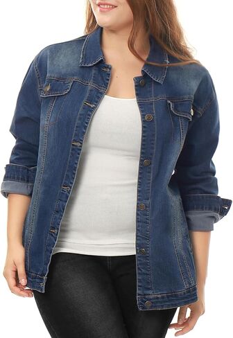 uxcell Women's Plus Size Stitching Button Front Washed Denim Jacket in Saudi Arabia