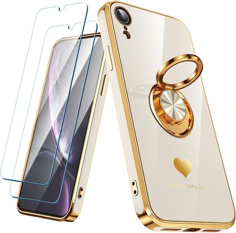 متوافق مع علبة iPhone XR مع واقي شاشة 2 حزمة ، حامل حلقة 360 درجة قابلة للتدوير [نمط قلوب فاخر] Plating Gold Edge Slim Soft Phone Case for iPhone XR - Purple in Kuwait