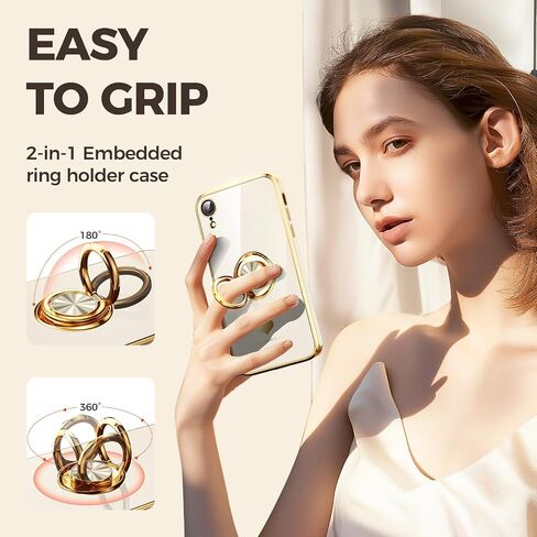 متوافق مع علبة iPhone XR مع واقي شاشة 2 حزمة ، حامل حلقة 360 درجة قابلة للتدوير [نمط قلوب فاخر] Plating Gold Edge Slim Soft Phone Case for iPhone XR - Purple in Kuwait