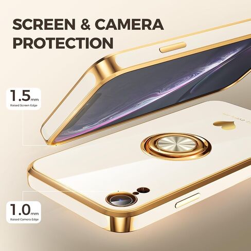 متوافق مع علبة iPhone XR مع واقي شاشة 2 حزمة ، حامل حلقة 360 درجة قابلة للتدوير [نمط قلوب فاخر] Plating Gold Edge Slim Soft Phone Case for iPhone XR - Purple in Kuwait