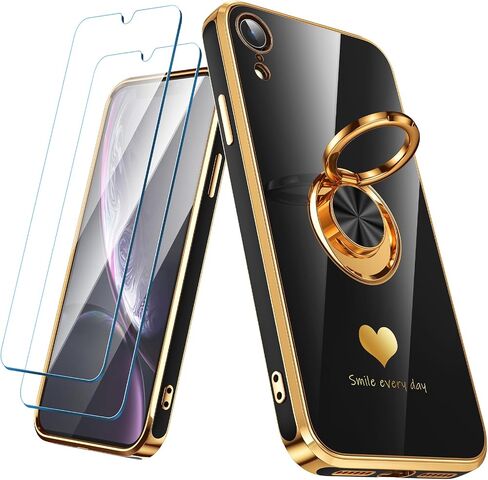 متوافق مع علبة iPhone XR مع واقي شاشة 2 حزمة ، حامل حلقة 360 درجة قابلة للتدوير [نمط قلوب فاخر] Plating Gold Edge Slim Soft Phone Case for iPhone XR - Purple in Kuwait