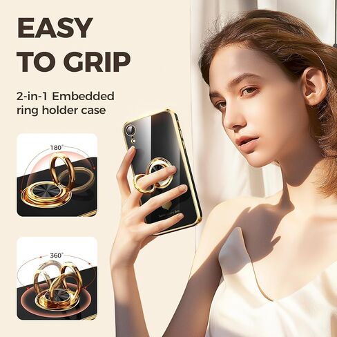 متوافق مع علبة iPhone XR مع واقي شاشة 2 حزمة ، حامل حلقة 360 درجة قابلة للتدوير [نمط قلوب فاخر] Plating Gold Edge Slim Soft Phone Case for iPhone XR - Purple in Kuwait