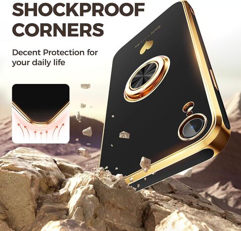 متوافق مع علبة iPhone XR مع واقي شاشة 2 حزمة ، حامل حلقة 360 درجة قابلة للتدوير [نمط قلوب فاخر] Plating Gold Edge Slim Soft Phone Case for iPhone XR - Purple in Kuwait