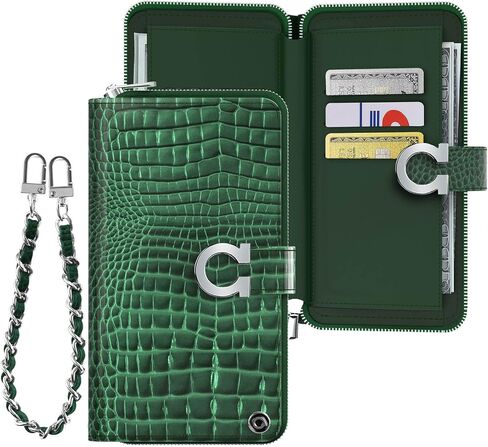 JUST4YOU iPhone 14 Pro Max Zipper Wallet Case with Card Holder Strap Protective Leather Flip Folio Cover Phone Case for Women (Green) CS_FC_ZW_I14PM_CRGN in Saudi Arabia