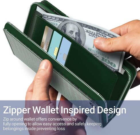 JUST4YOU iPhone 14 Pro Max Zipper Wallet Case with Card Holder Strap Protective Leather Flip Folio Cover Phone Case for Women (Green) CS_FC_ZW_I14PM_CRGN in Saudi Arabia