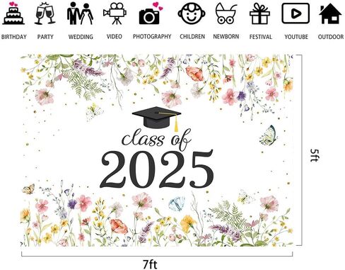 لوفاريس فئة الزهرة البرية لعام 2025 خلفية ألوان مائية الفراشة تهنئة خريجة التخرج التخرج حفلة موسيقية لوازم ديكور صورة كشك الصور 7x5ft in Kuwait