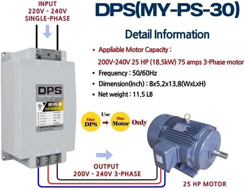 DPS Sinlge Phase to 3 Phase Converter, 30HP, 90A, Input/Output 200V - 240V MY-PS-30 Model Must Be Used for 25HP(18.7kW) 75A Motor, DPS Must Be Used for 1 Motor Only, UL-Listed in Saudi Arabia